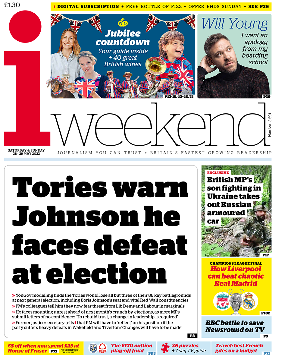 The headline in the i reads: "Tories warn Johnson he faces defeat at election"