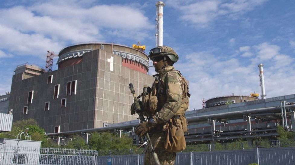 Russian soldier on guard at Zaporizhzhia nuclear plant, 1 May 22