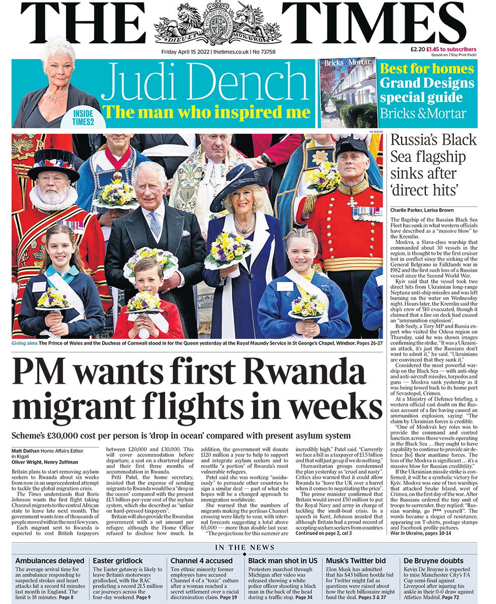 The headline in The Times reads: "PM wants first Rwanda migrant flights in weeks"