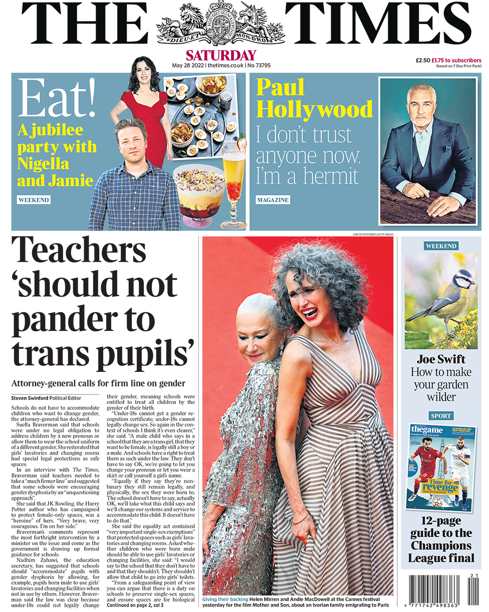 The headline in the Times reads: "Teachers 'should not pander to trans pupils'"