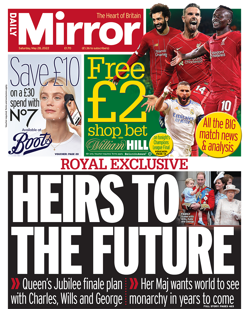 The Mirror reports on plans for a finale to the Jubilee celebrations that will involve princes Charles, William, and George. The headline reads: "Heirs to the future".