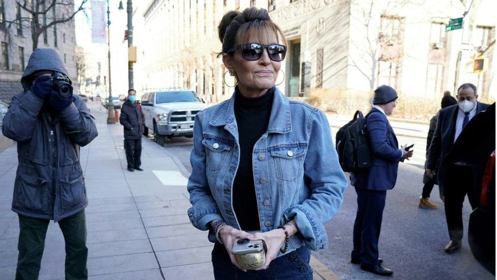 Ms Palin seen arriving at court on Tuesday in a denim jacket