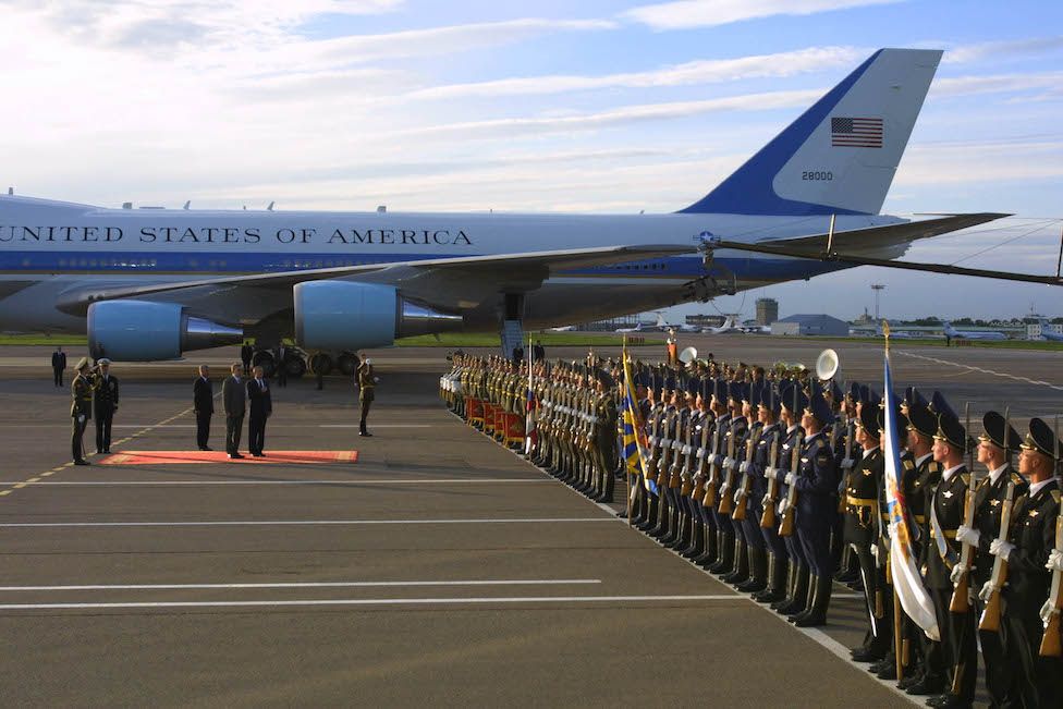 An honour guard greets Air Force One on the Moscow tarmac in 2002