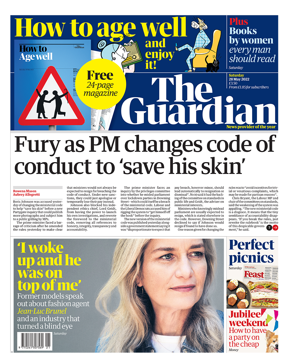 The headline in the Guardian reads: "Fury as PM changes code of conduct to 'save his skin'".