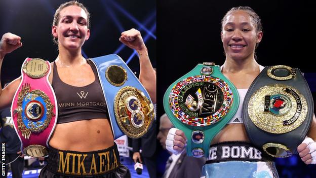 Alycia Baumgardner and Mikaela Mayer side by side with their belts