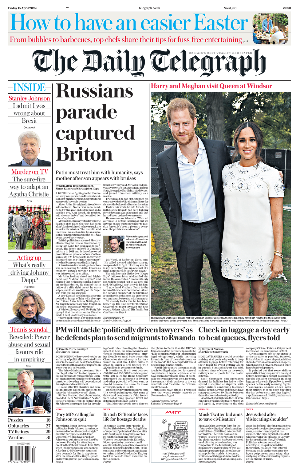 The headline in the Telegraph reads: "Russians parade captured Briton"