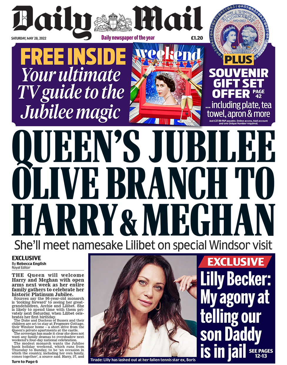 The headline in the Mail reads: "Queen's jubilee olive branch to Harry & Meghan".