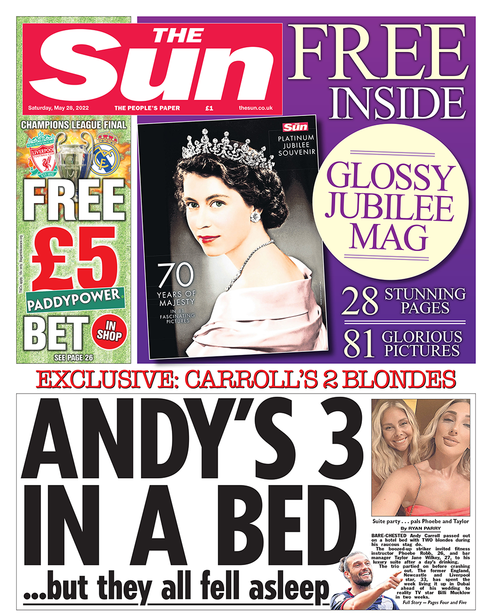The headline on the front page of The Sun reads: "Andy's 3 in a bed... but they all fell asleep".